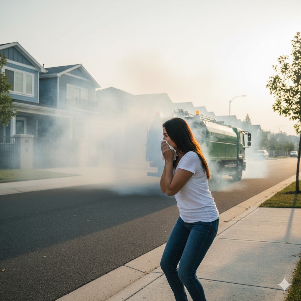Woman covering nose during mosquito fogging in residential street