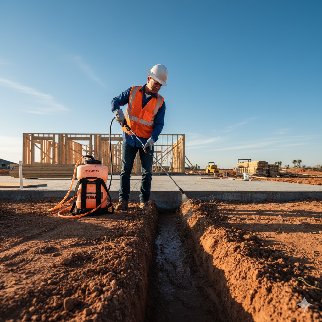 Worker performing trench soil treatment for termite protection at new house construction site