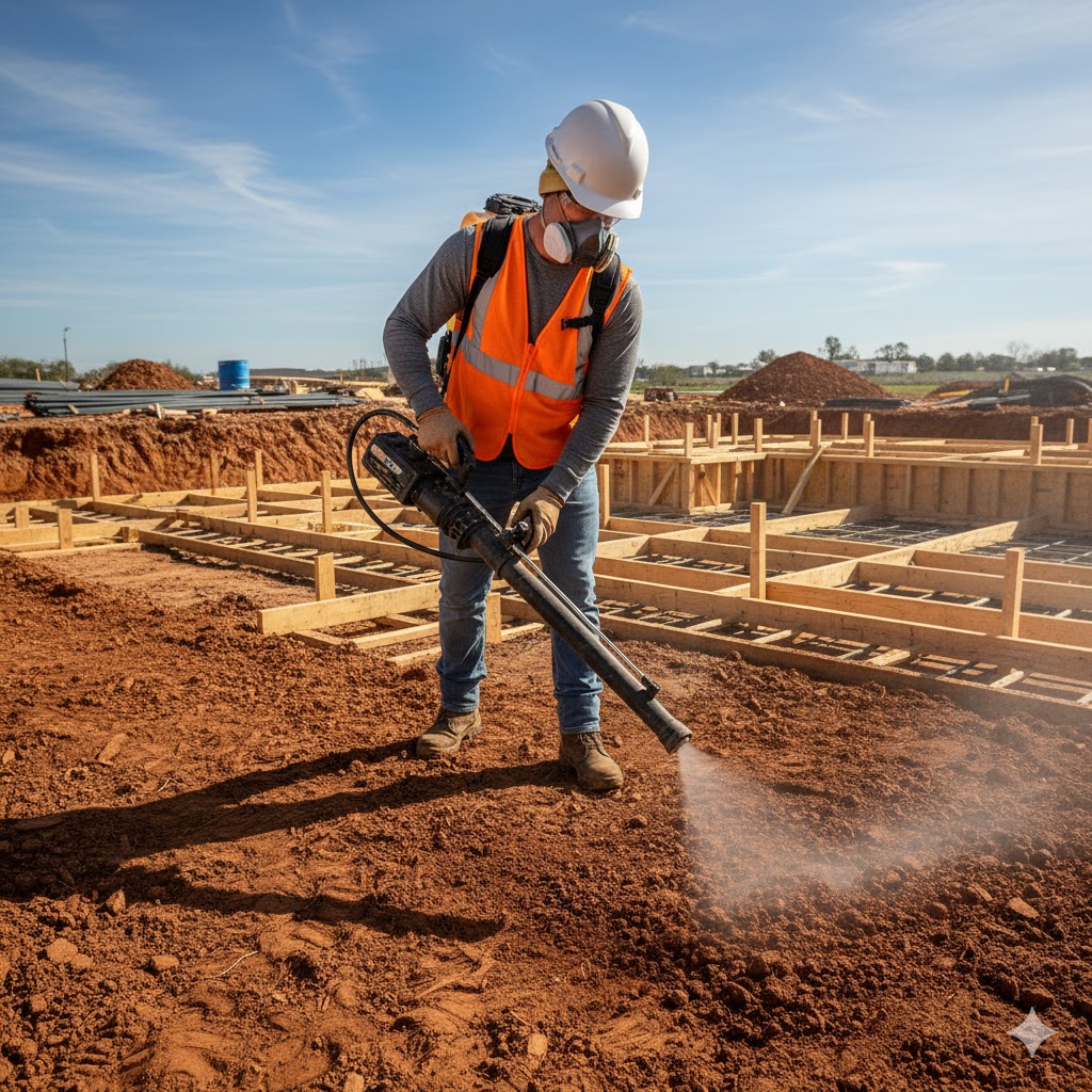 Worker spraying soil treatment for termite prevention before home foundation construction
