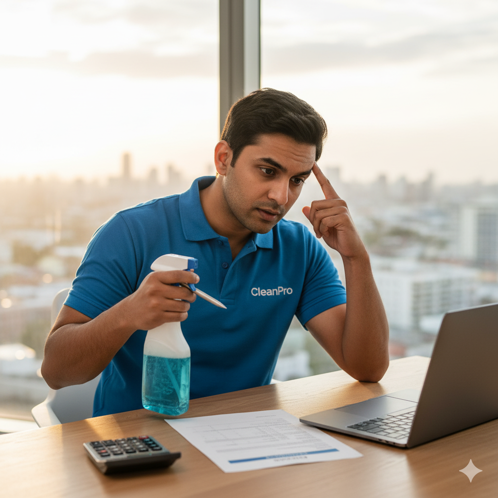 cleaning company tax Cleaner holding spray bottle while calculating VAT on invoice