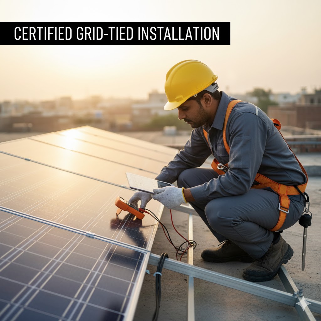 A certified solar engineer inspecting solar panels for grid-tied installation. A certified solar engineer inspecting solar panels for grid-tied installation.