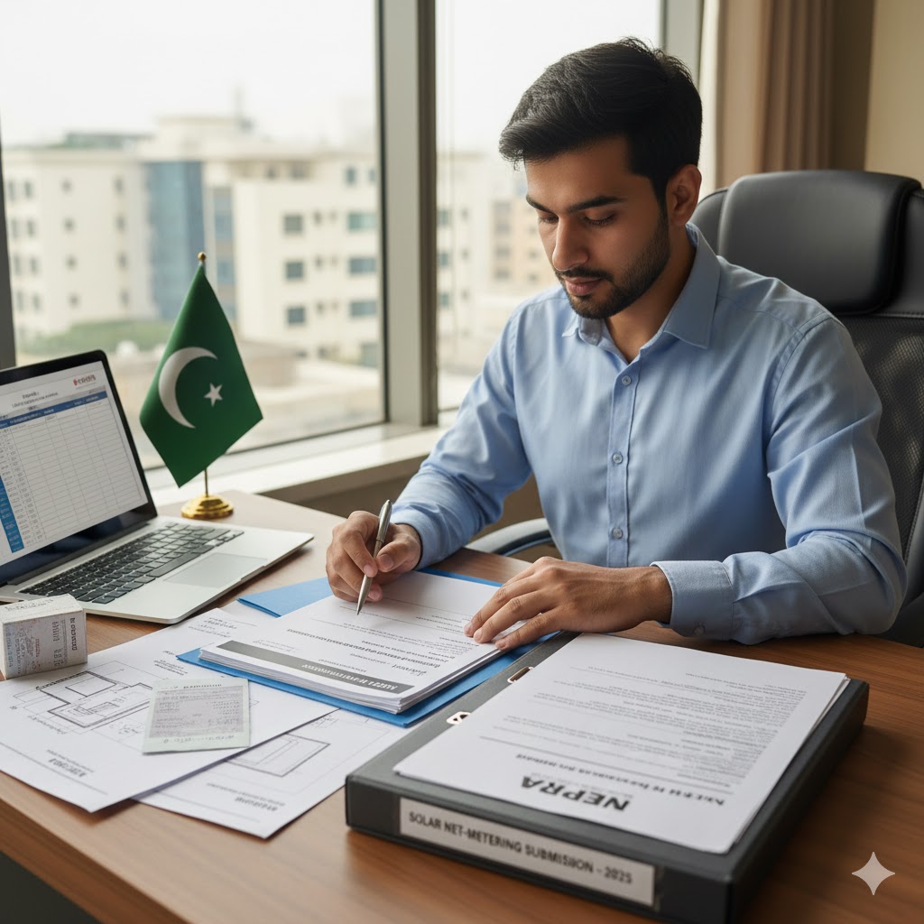 A person compiling net-metering documents for submission in Pakistan. A person compiling net-metering documents for submission in Pakistan.