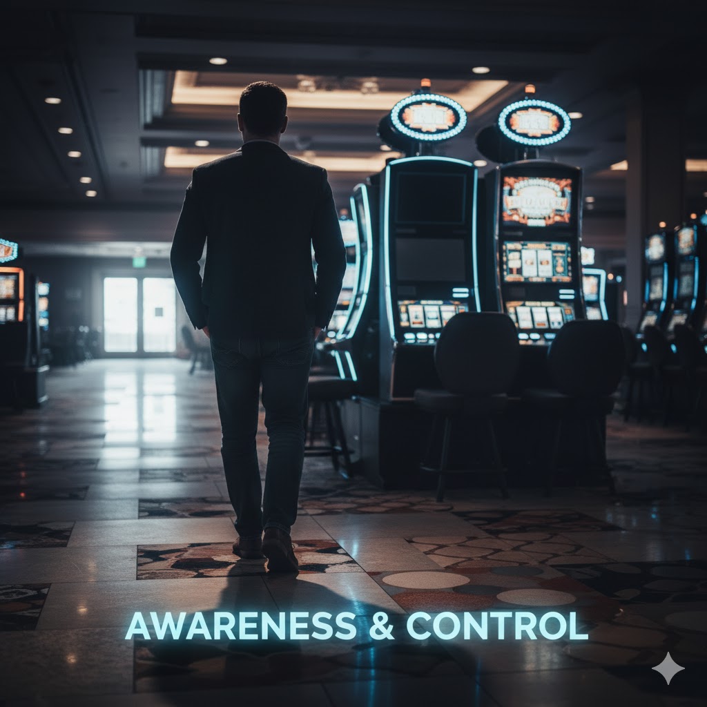 A person walking away from a slot machine, symbolizing awareness and control. A person walking away from a slot machine, symbolizing awareness and control.