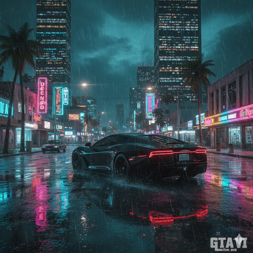 A realistic car driving through wet city streets in GTA 6