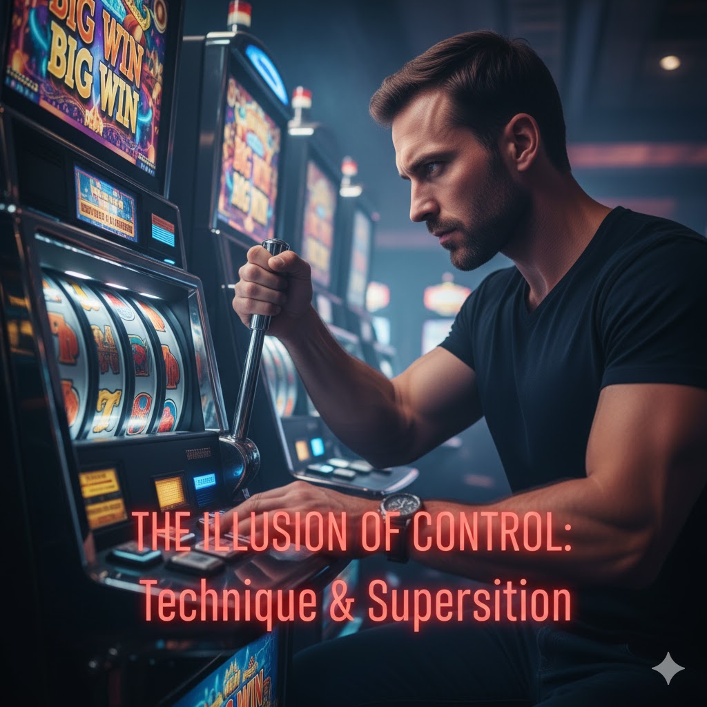 A slot player intensely pulling the lever, believing technique influences outcome. A slot player intensely pulling the lever, believing technique influences outcome.