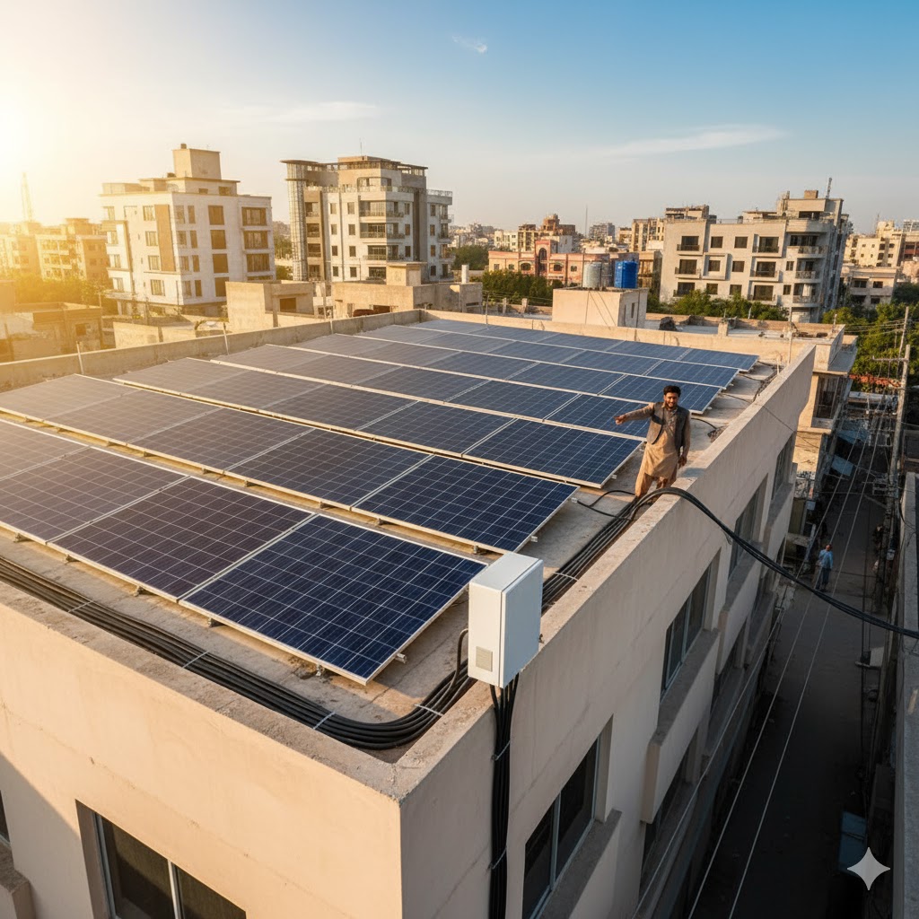 A solar panel system installed on a rooftop in Pakistan connected to the grid A solar panel system installed on a rooftop in Pakistan connected to the grid