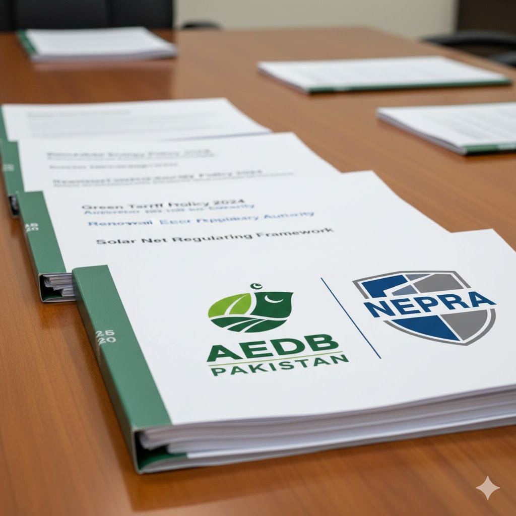AEDB and NEPRA logos on policy documents representing renewable energy reforms AEDB and NEPRA logos on policy documents representing renewable energy reforms