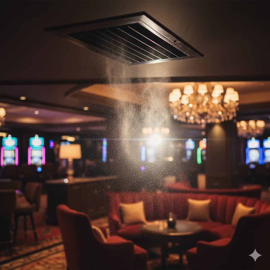 Air vent releasing subtle aromatic mist inside a casino lounge area.