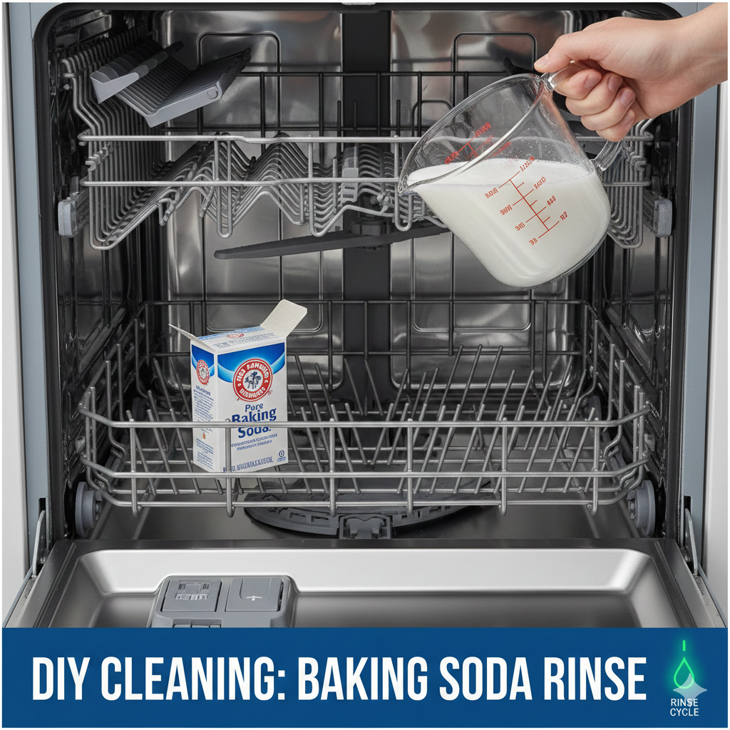 Baking soda rinse for dishwasher cleaning