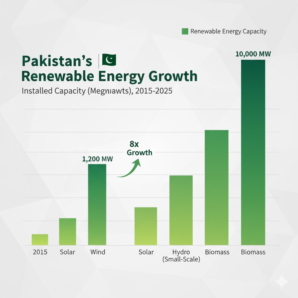 Bar graph showing renewable energy growth in Pakistan between 2015 and 2025 Bar graph showing renewable energy growth in Pakistan between 2015 and 2025