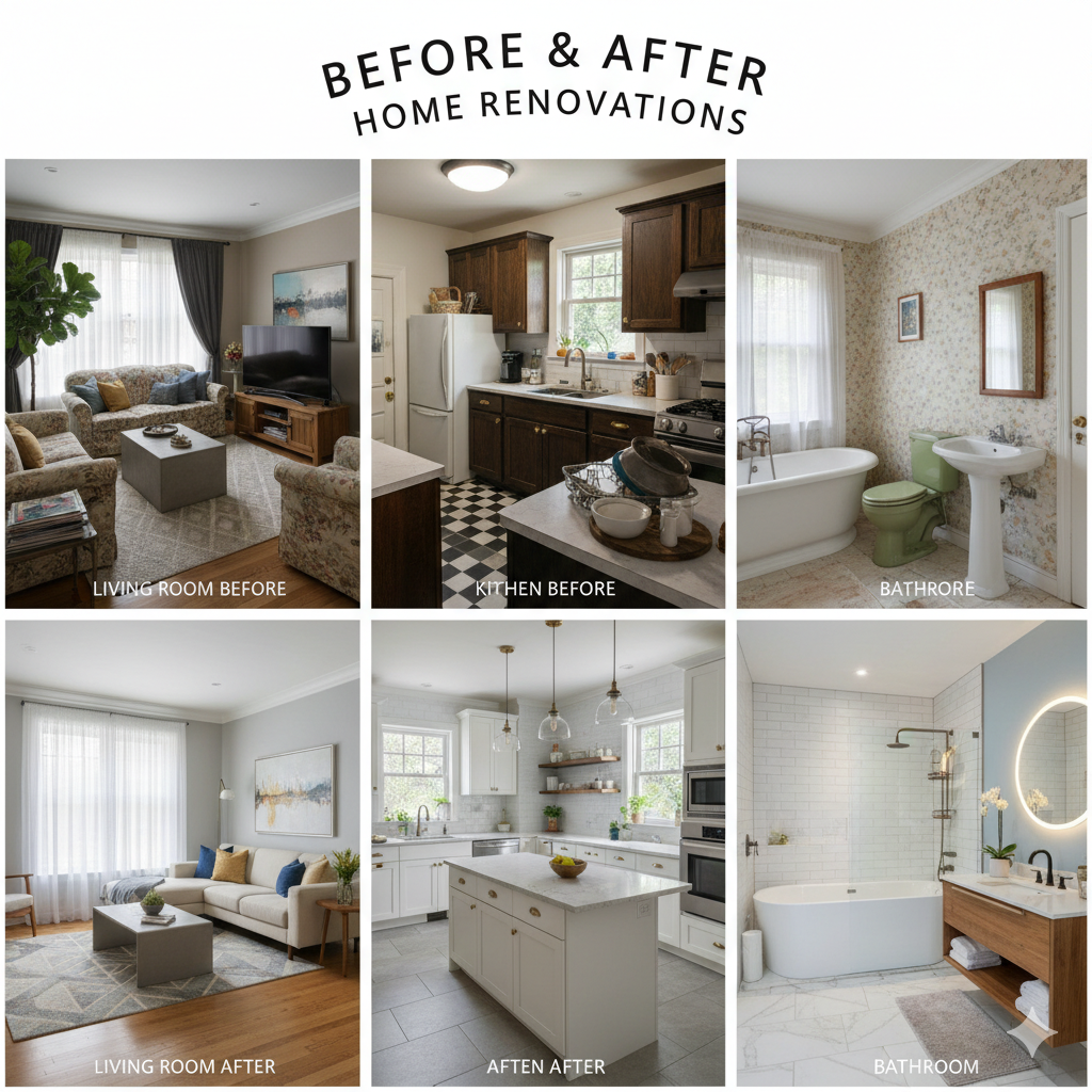 Before & after shots of living rooms, kitchens, and bathrooms 