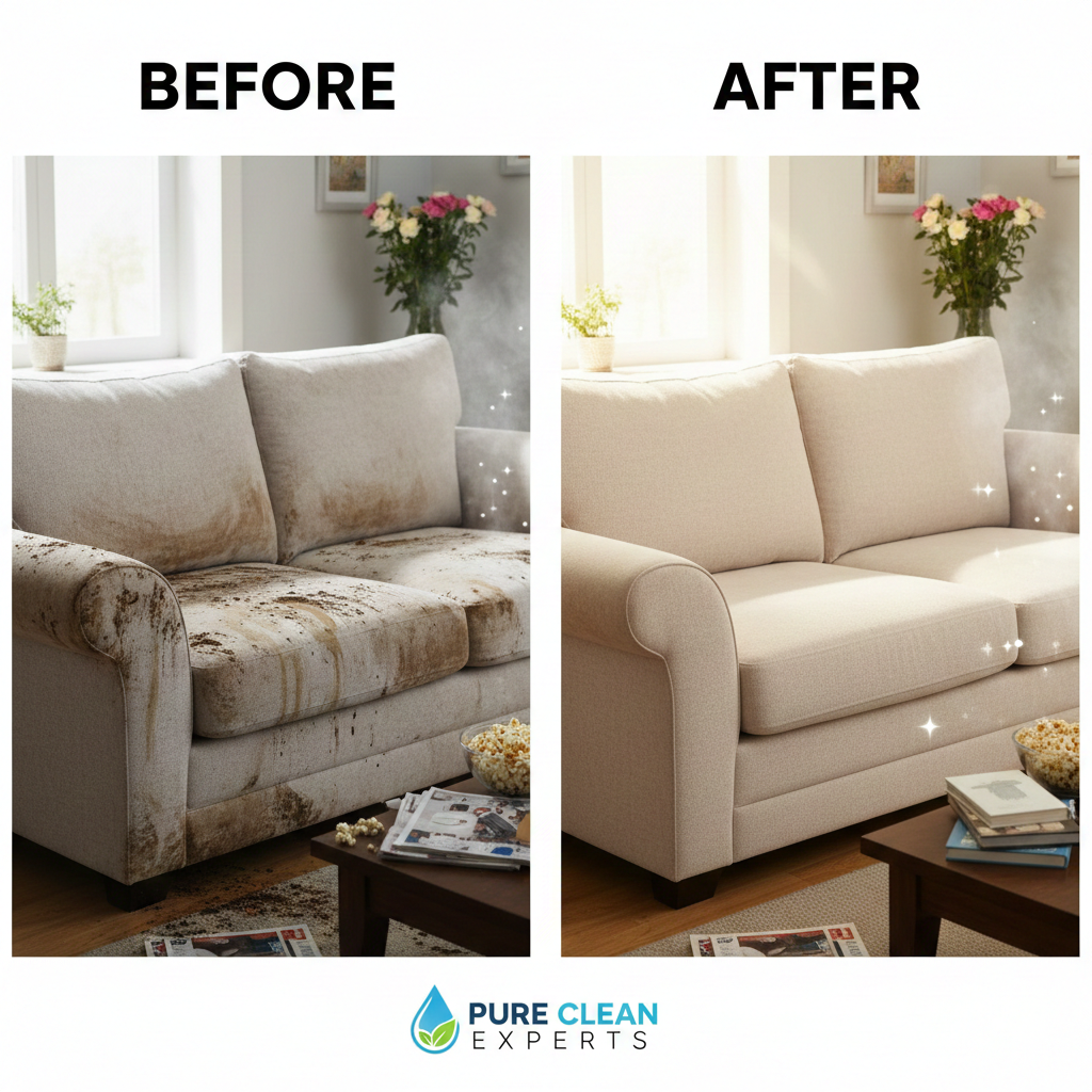 Before and after deep sofa cleaning comparison