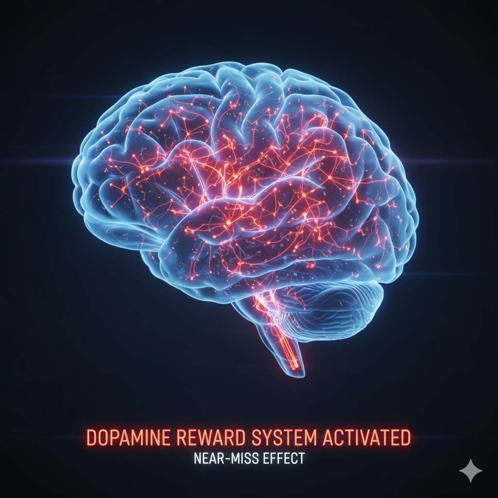Brain illustration highlighting dopamine regions activated during near-miss slot outcomes. Brain illustration highlighting dopamine regions activated during near-miss slot outcomes.