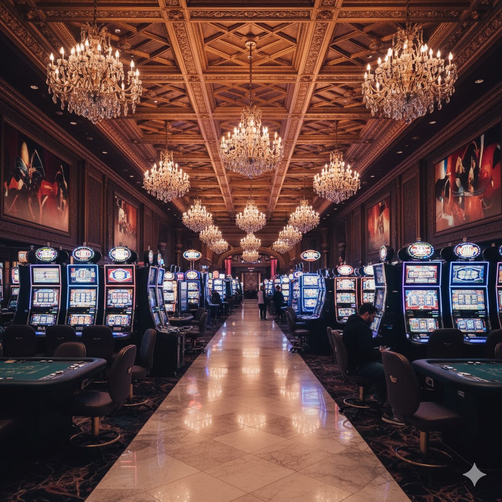 Casino interior without clocks or windows, emphasizing continuous gaming atmosphere. 