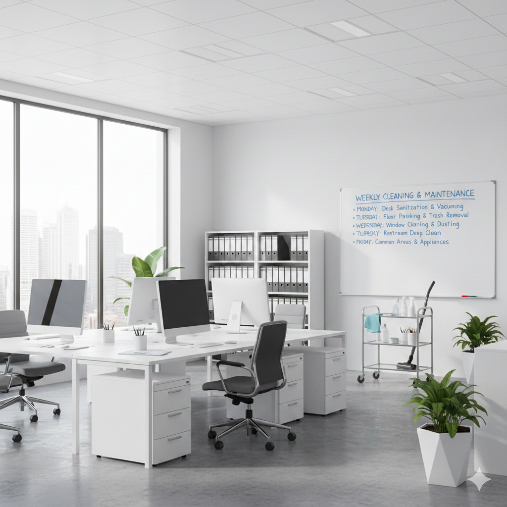 Clean and organized office interior demonstrating regular cleaning schedule
