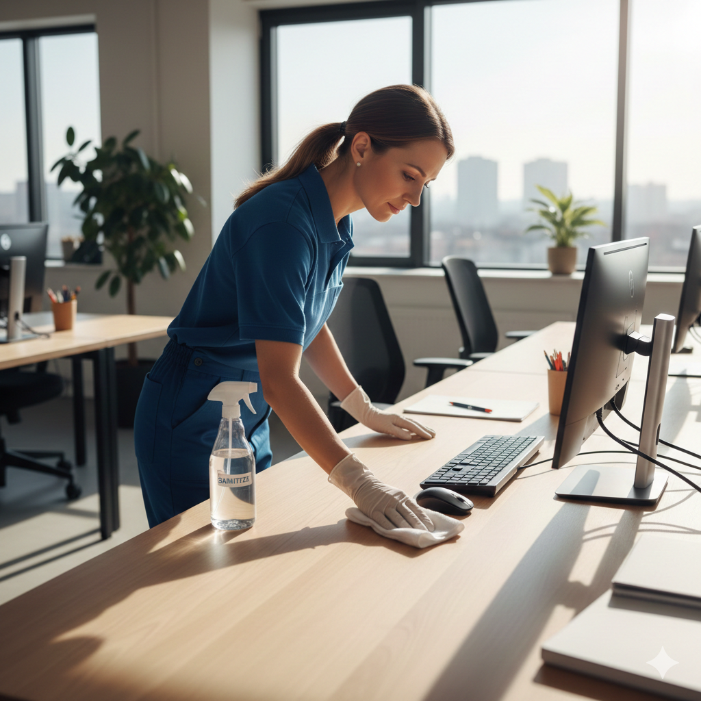 Cleaner disinfecting office desk as part of daily cleaning routine