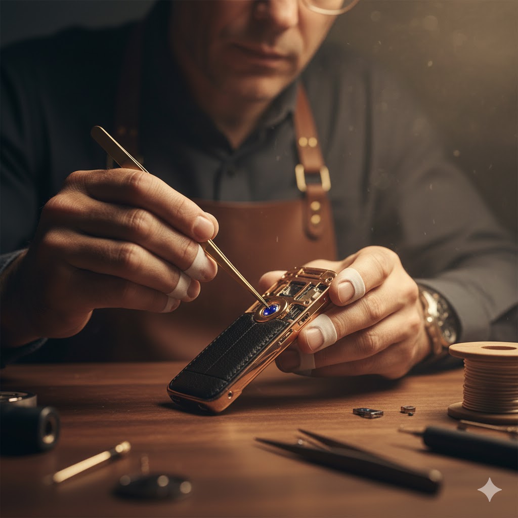 Close-up of Vertu craftsman assembling luxury mobile phone by hand