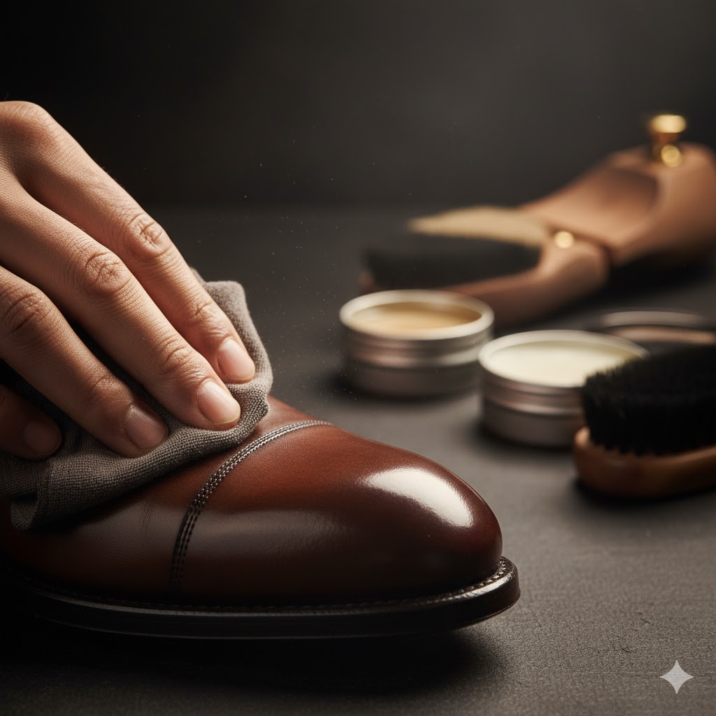 Close-up of a hand gently removing scuff marks from a leather shoe toe box