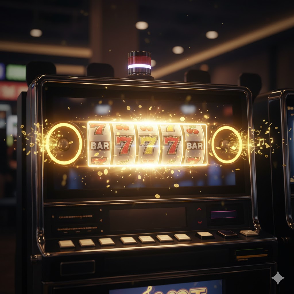 Close-up of slot machine reels and glowing sound speakers emitting winning chimes.