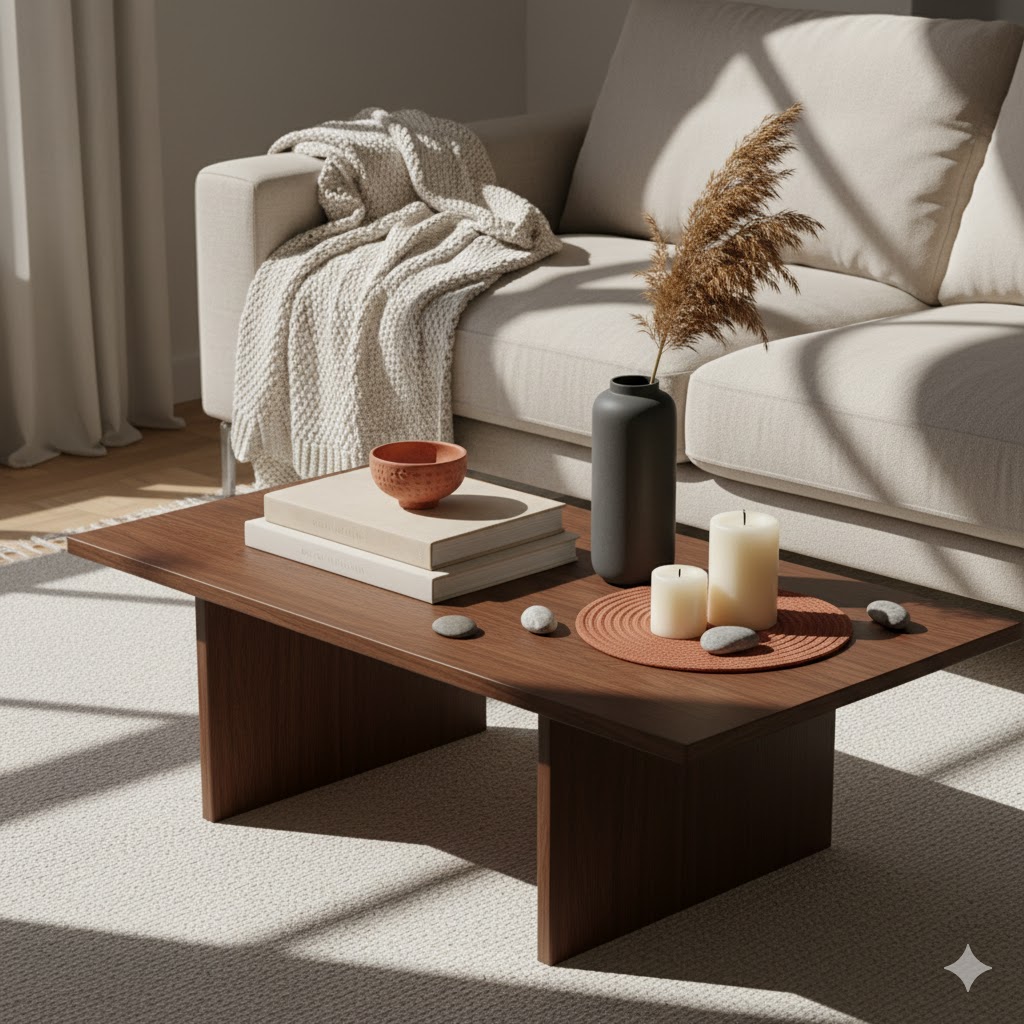 Color-coordinated decor items on a stylish coffee table