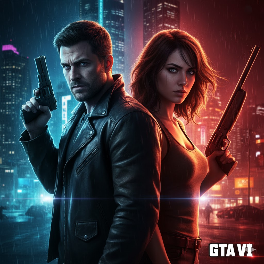 Concept render showing GTA 6 male and female protagonists in contrasting light and shadow