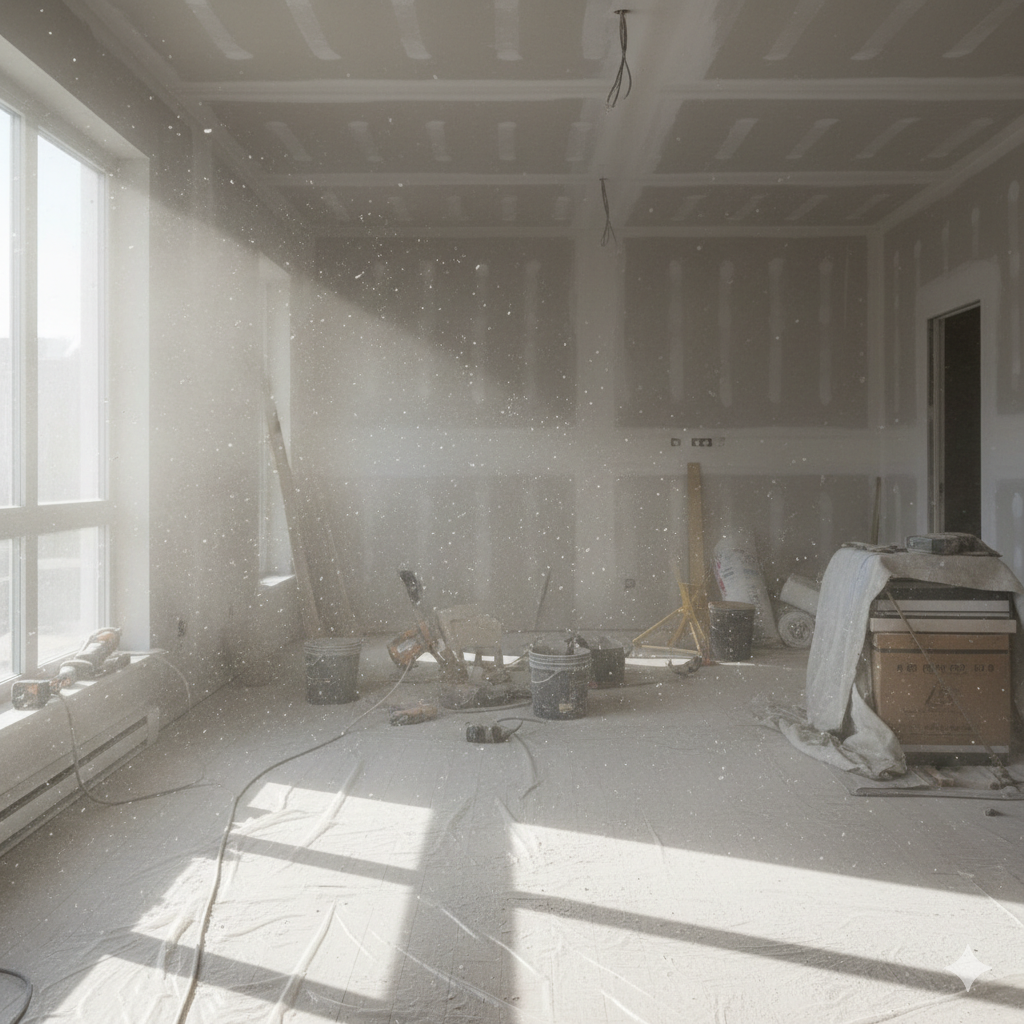 Construction dust particles inside new home after renovation