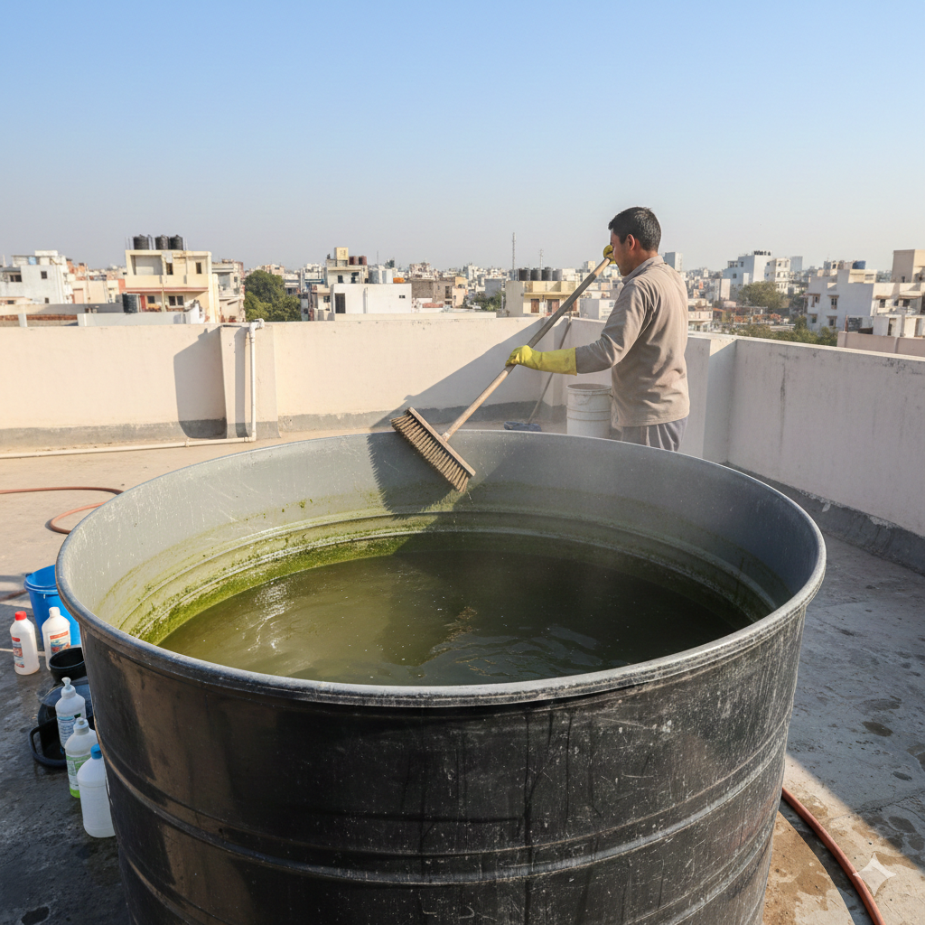 DIY water tank cleaning with brush at home