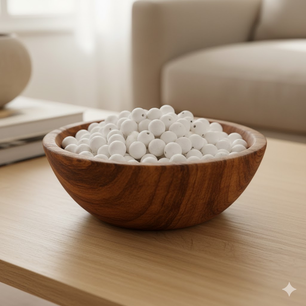Decorative bowl with beads as centerpiece.