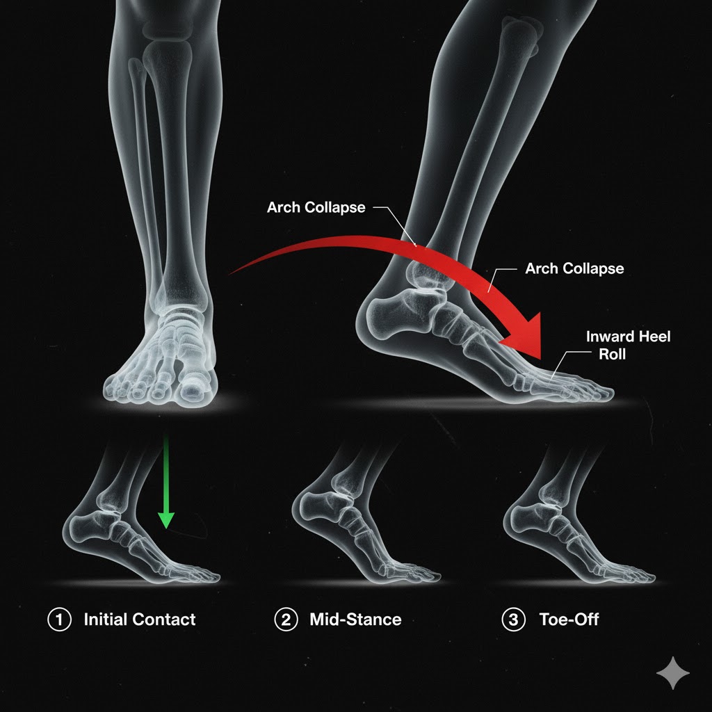 Diagram showing a flat-footed runner’s inward foot roll during a stride