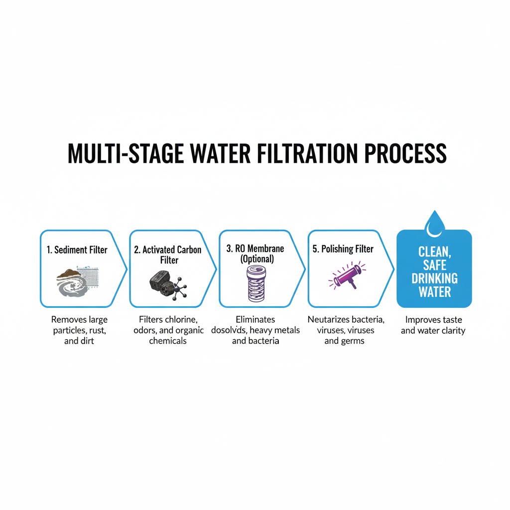 Diagram showing different stages of a multi-layer water filtration process Diagram showing different stages of a multi-layer water filtration process