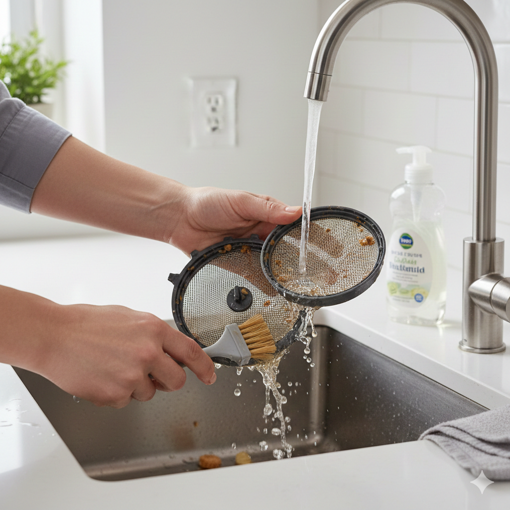 Dishwasher filter deep cleaning to remove food buildup and restore water flow