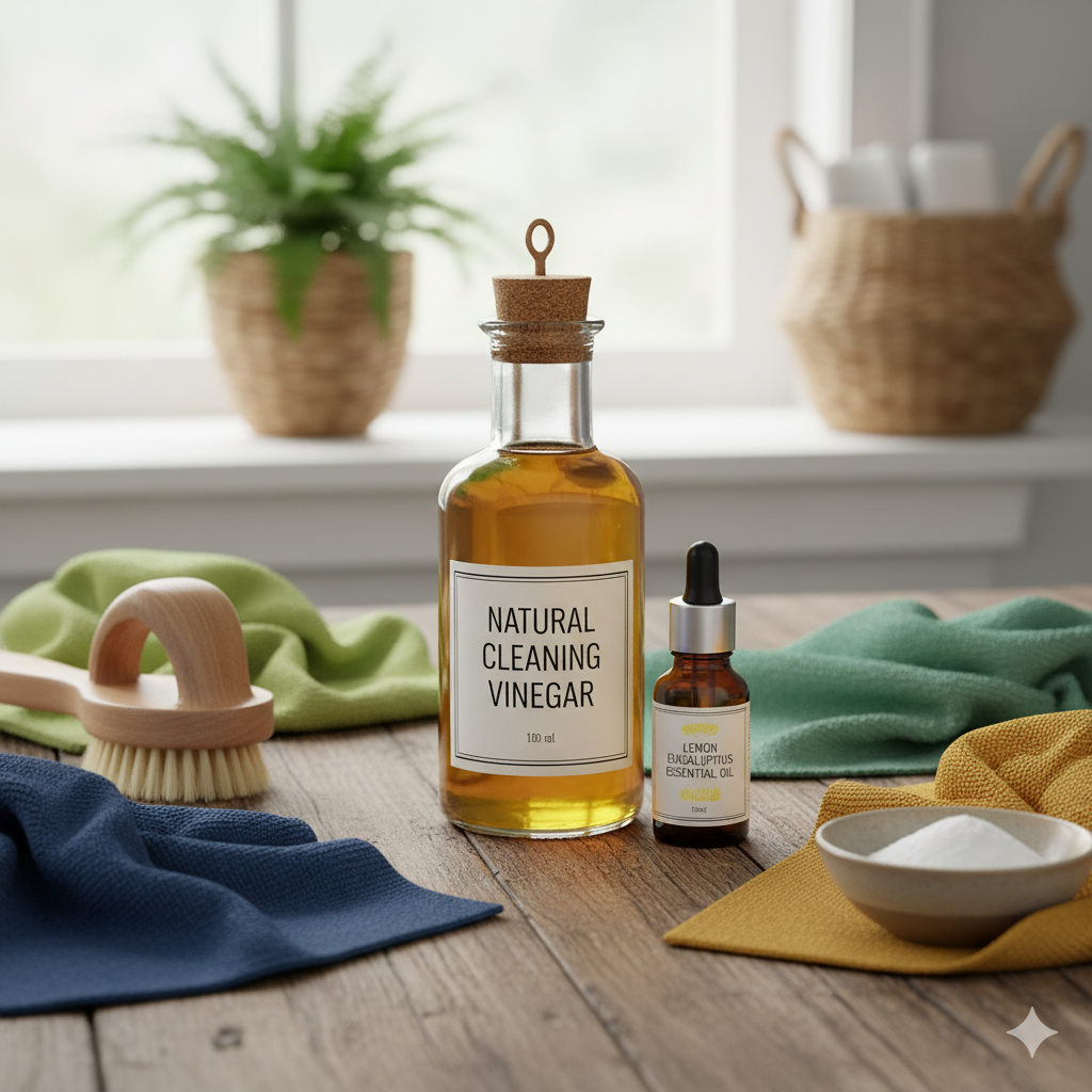 Eco-friendly supplies like vinegar, essential oils, and microfiber cloths