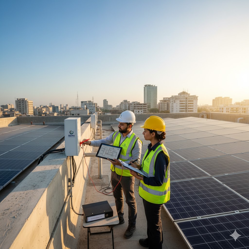 Engineers inspecting a rooftop solar power setup for NEPRA net-metering compliance. Engineers inspecting a rooftop solar power setup for NEPRA net-metering compliance.