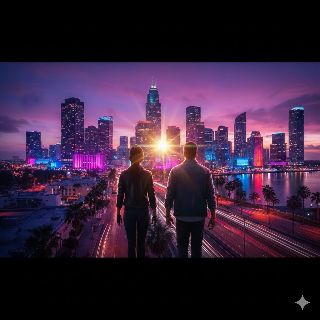 Epic closing montage of GTA 6 protagonists walking through Vice City’s streets under sunset lighting