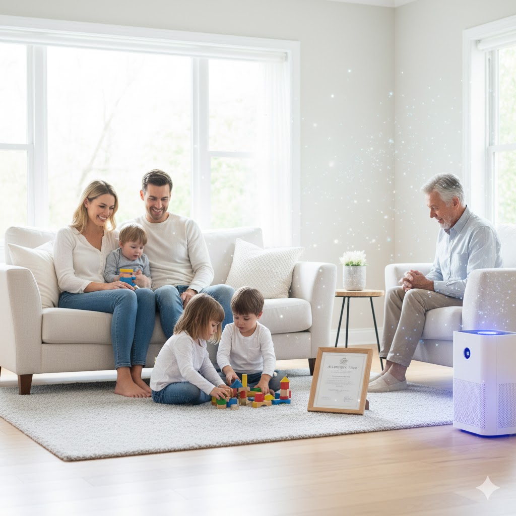 Family sitting comfortably in a certified allergen-free living space with clear indoor air Family sitting comfortably in a certified allergen-free living space with clear indoor air