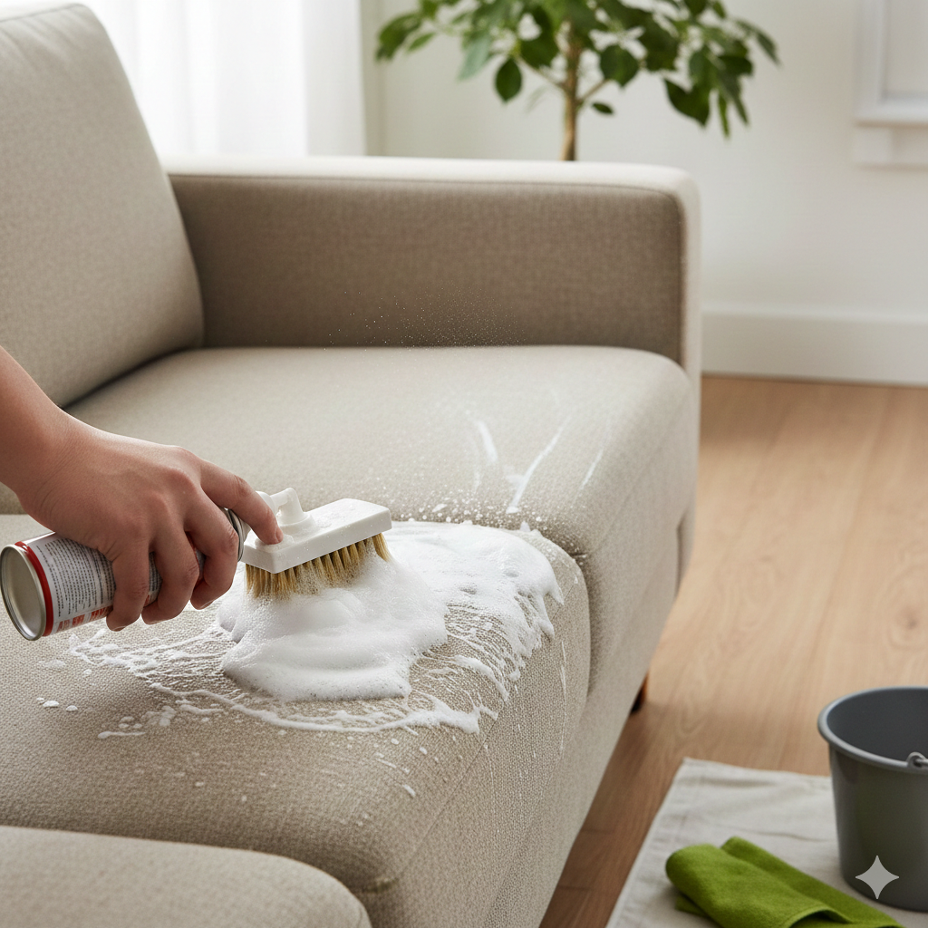Foam-based upholstery cleaning on a modern couch for stain and odor removal