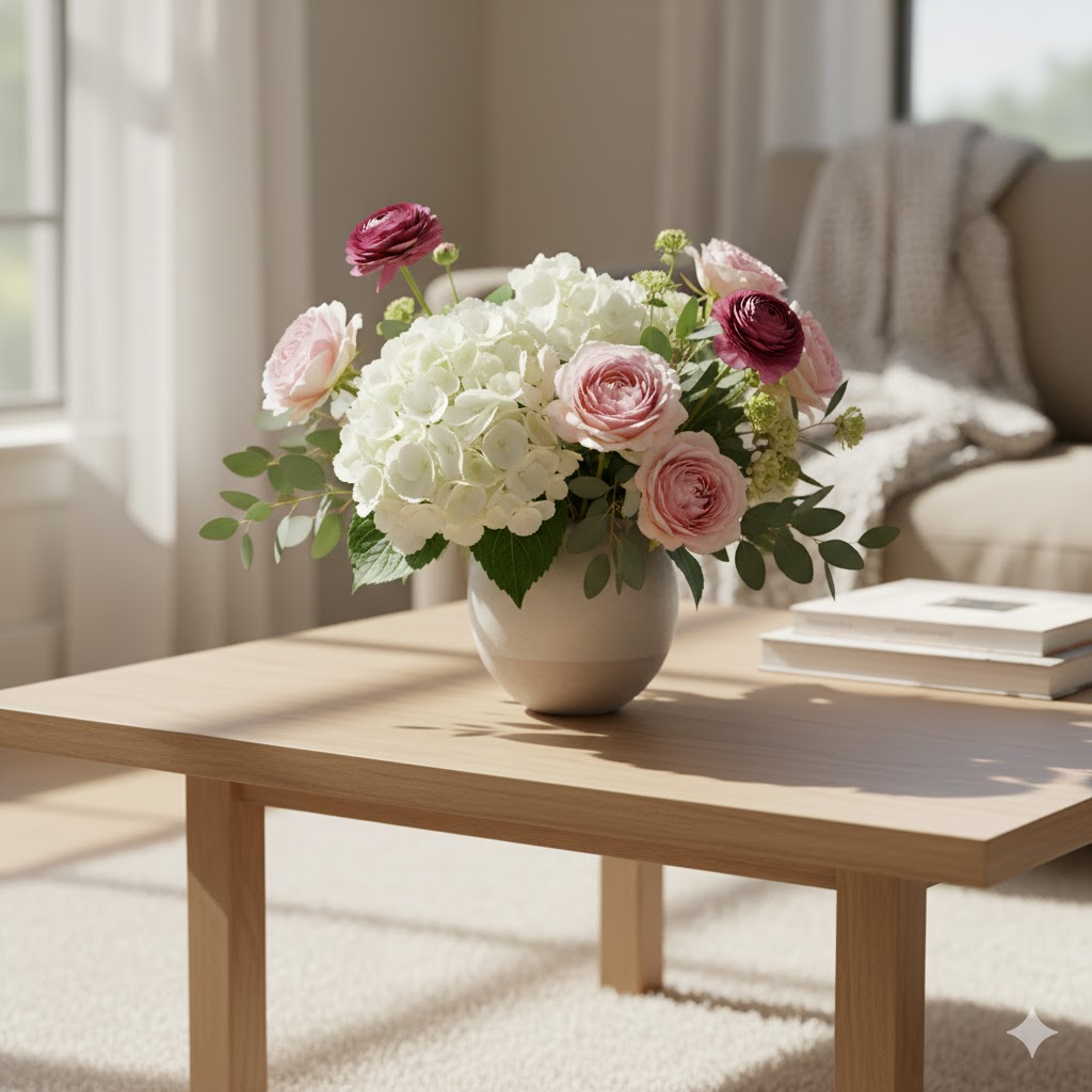 Fresh floral arrangement in a ceramic vase on a modern coffee table