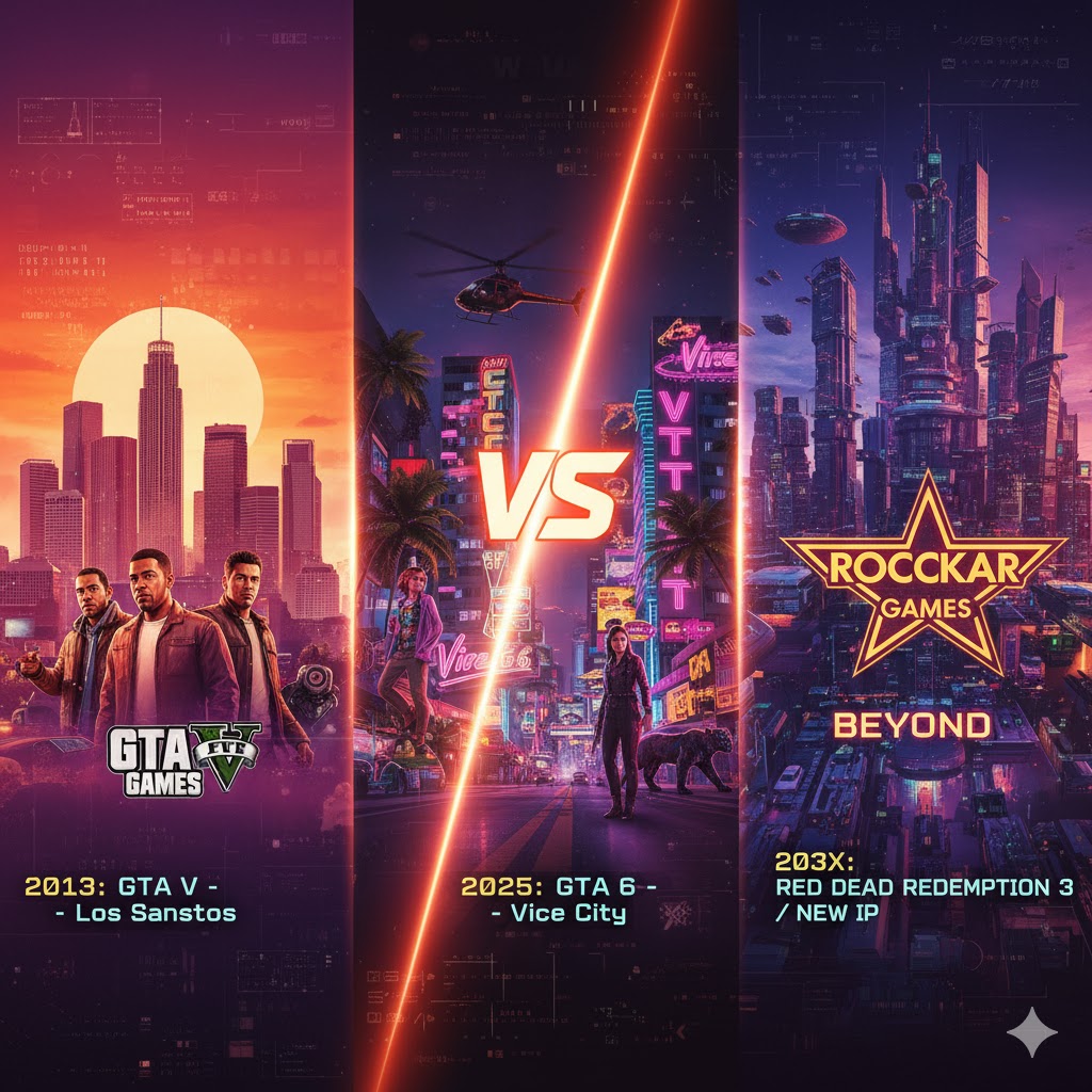 Futuristic collage showing Rockstar Games’ evolution timeline from GTA V to GTA 6 and beyond