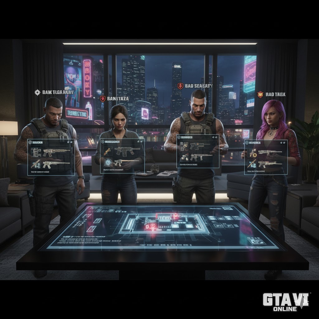 GTA 6 Online lobby showing friends preparing for a heist. GTA 6 Online lobby showing friends preparing for a heist.
