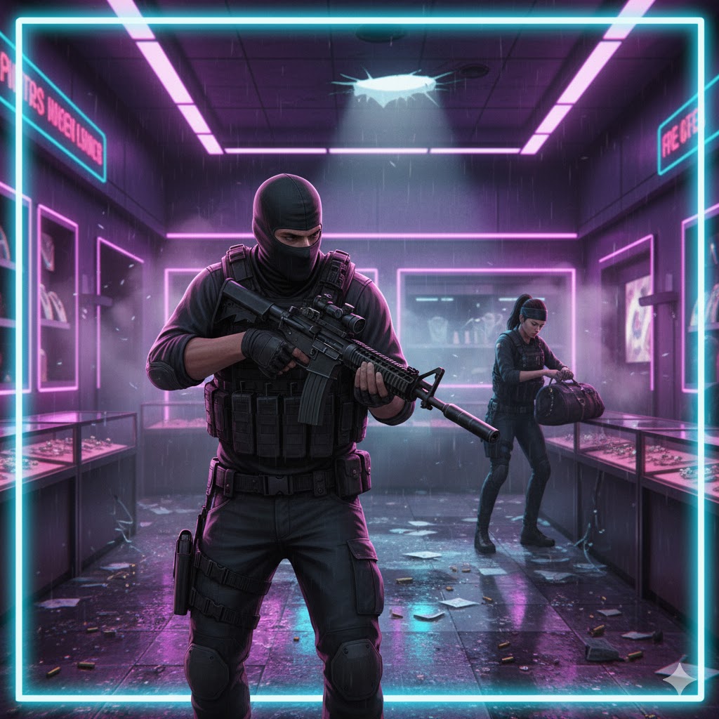 GTA 6 character holding a rifle during a heist sequence