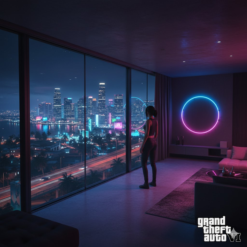 GTA 6 character viewing a luxury apartment overlooking Vice City