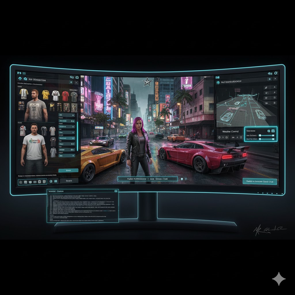 GTA 6 modding community concept showing character customization and environment editing tools GTA 6 modding community concept showing character customization and environment editing tools