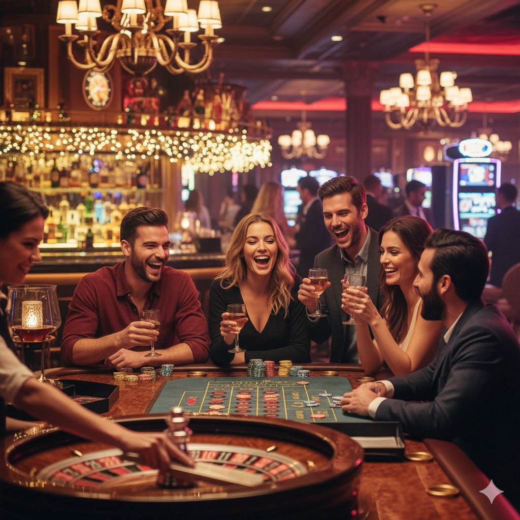 Group of friends celebrating around a casino roulette table near a busy bar area. 