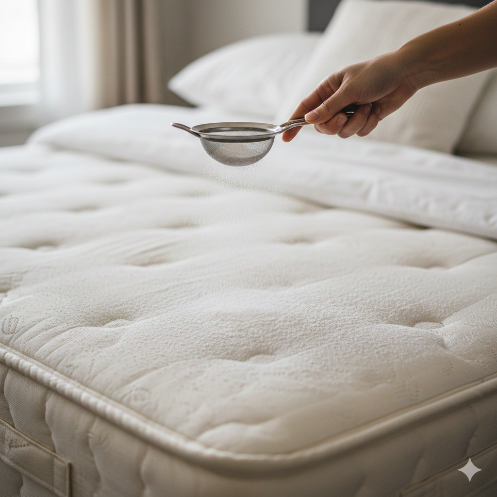 Hand spreading baking soda across mattress surface