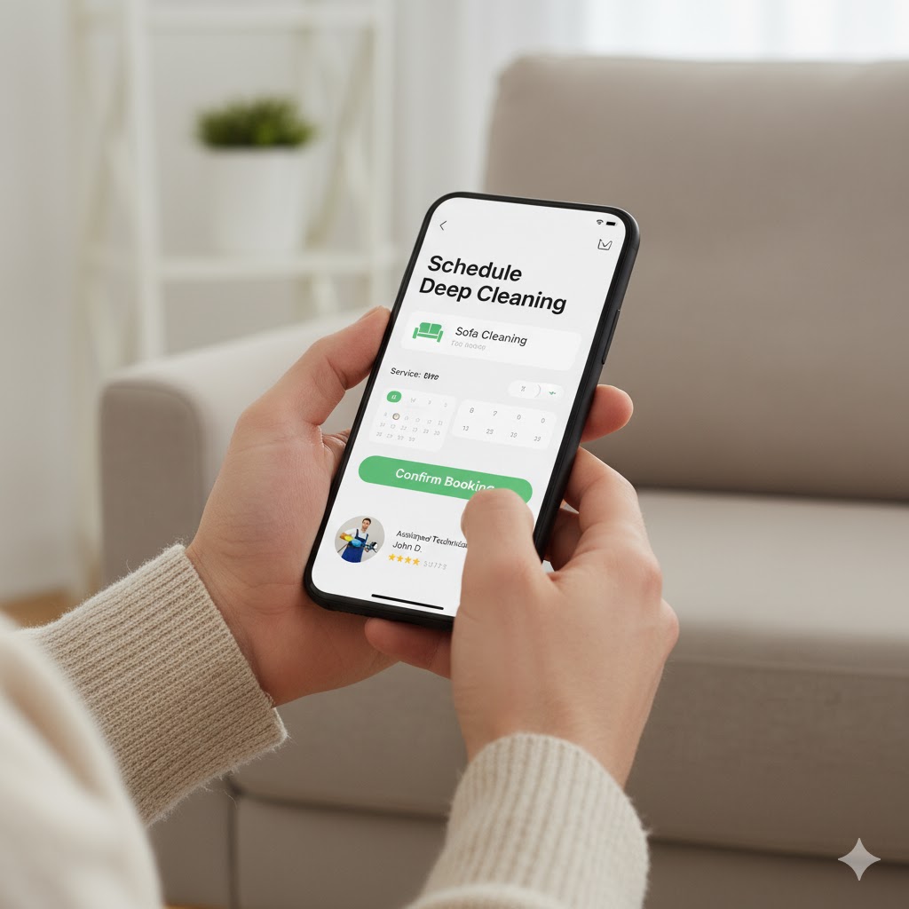 Homeowner scheduling professional sofa cleaning service using mobile app