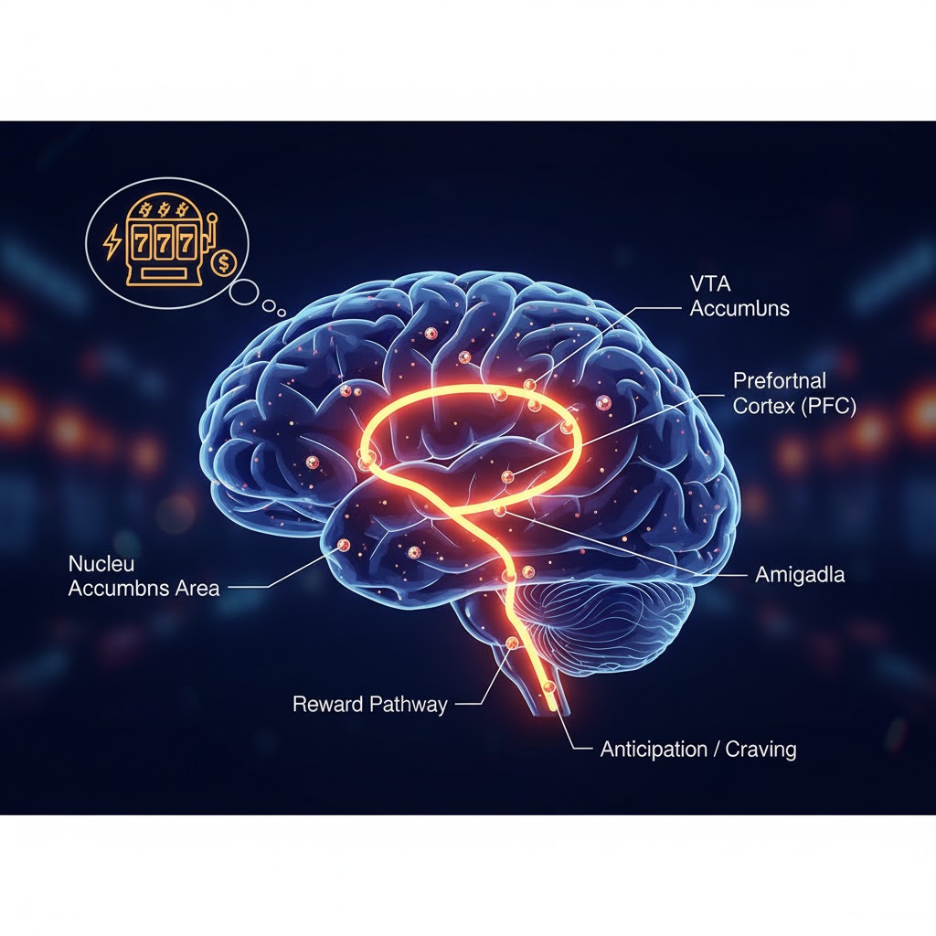 Illustration of dopamine pathways linked to reward anticipation in gambling. Illustration of dopamine pathways linked to reward anticipation in gambling.