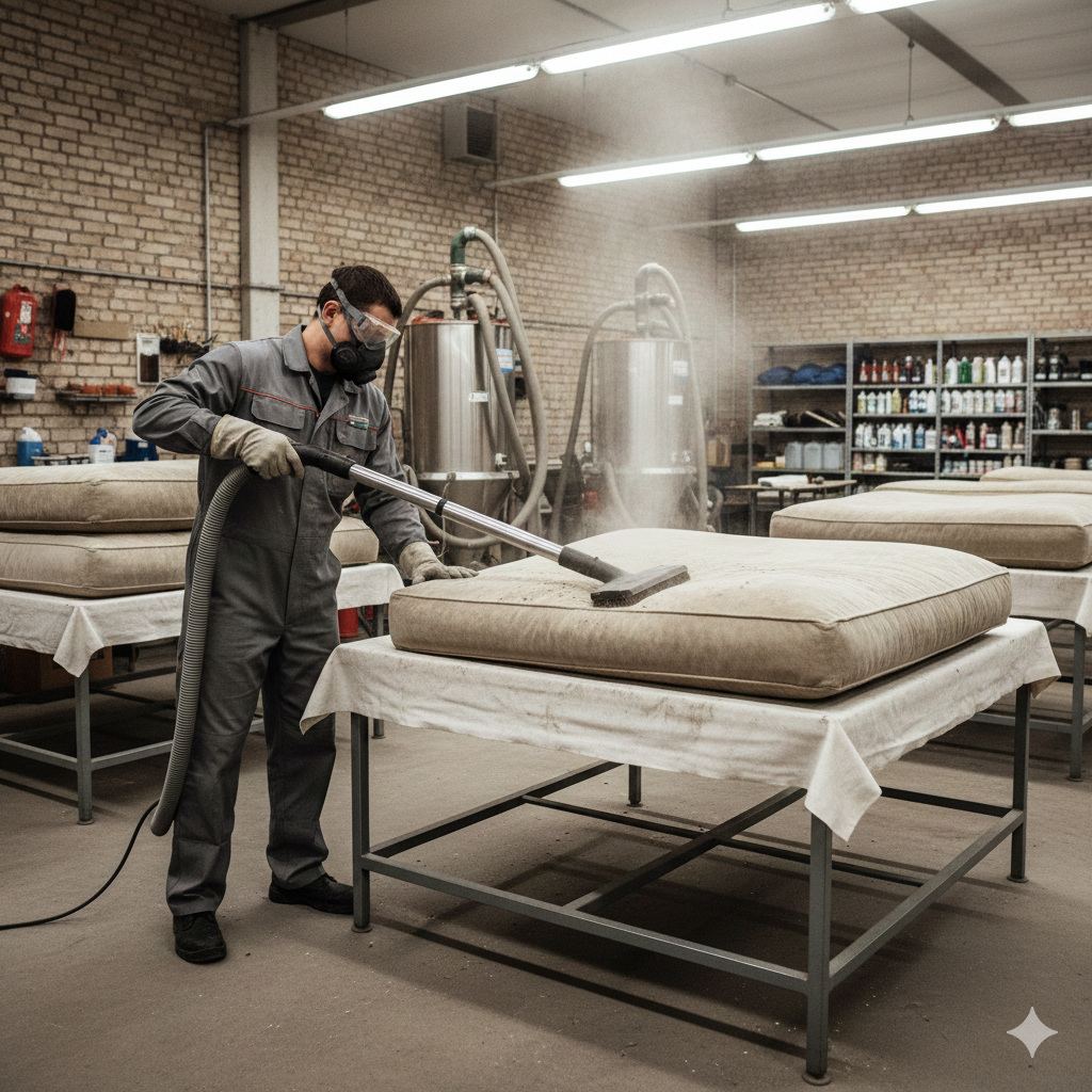 Industrial vacuuming of sofa cushions before deep cleaning