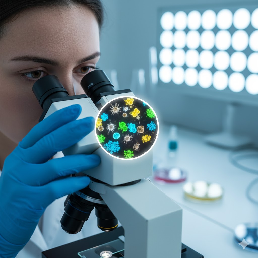 Lab technician analyzing allergen test samples under a microscope Lab technician analyzing allergen test samples under a microscope
