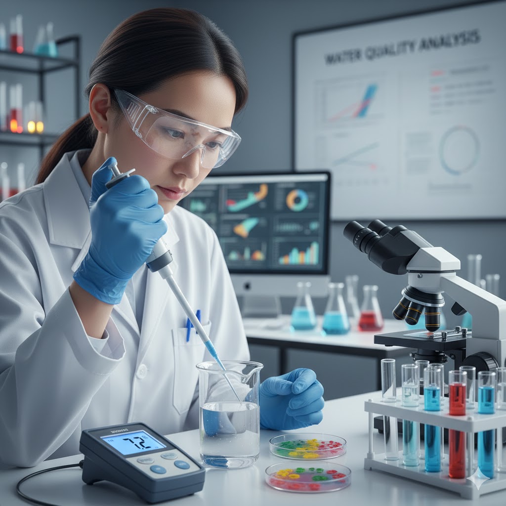 Lab technician performing pH and microbial test for domestic water sample.