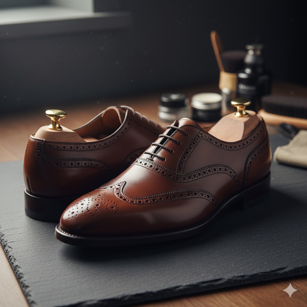 Leather shoes drying naturally with cedar shoe trees inserted